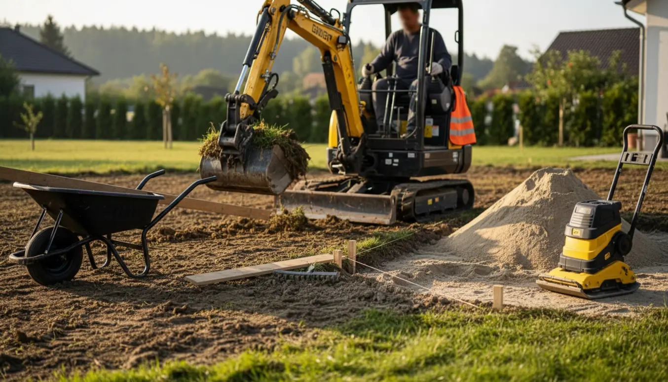 Mini-graver skraber småvegetation fra et ryddet jordareal med bunker sand og udstyr klar til udlægning på en kommende terrasse.