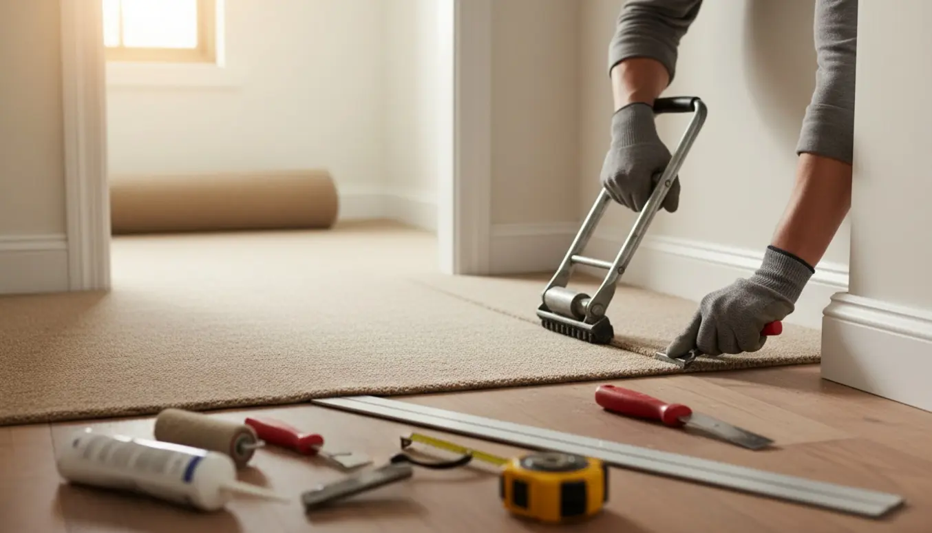 Installatør strækker og tilpasser to små væg-til-væg tæpper i et lyst, kompakt rum.