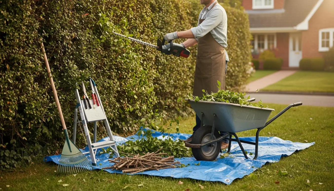 Person beskærer en bred hæk med en elektrisk hækkeklipper, mens friske klip samles på en presenning i en solrig forhave.