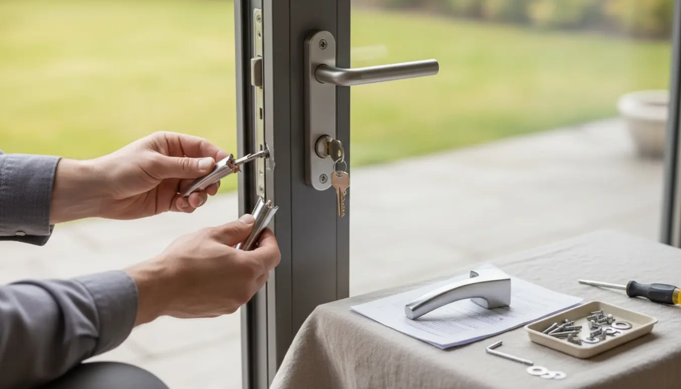 Nærbillede af udskiftning af et indvendigt terrassehåndtag med originalnøgle i låsen.