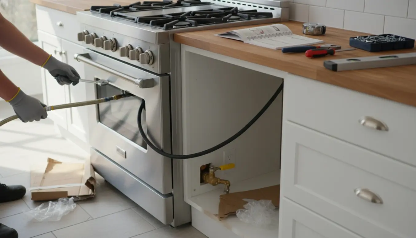 Hænder forbinder gaskobling og elektrisk stik på et nyt komfur i et lyst køkken klar til montering.
