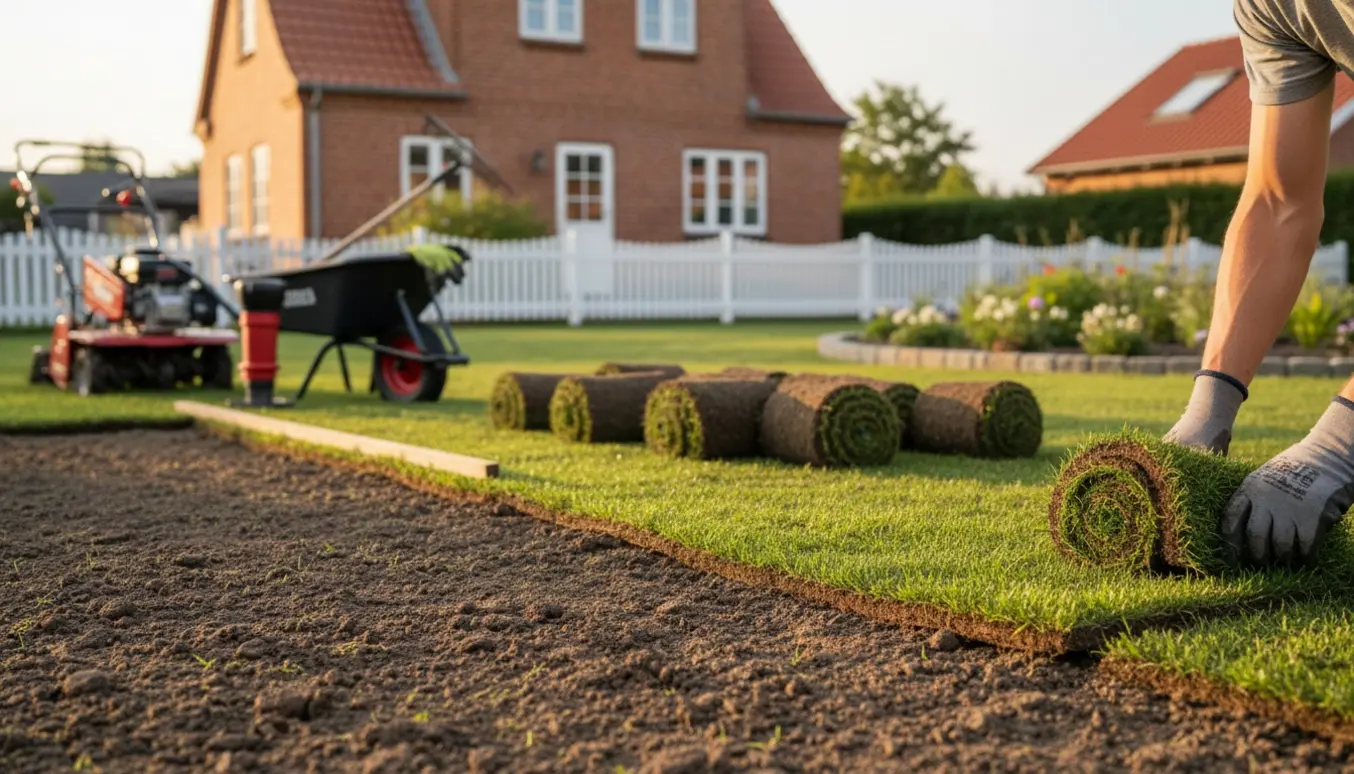 Nærbillede af rullegræs, der rulles ud på forberedt jord i en dansk forstadshave.