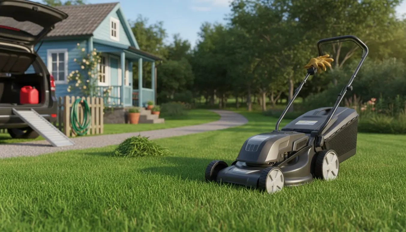 Plæneklipper og nyslået græs foran et charmerende sommerhus på en solskinsdag.