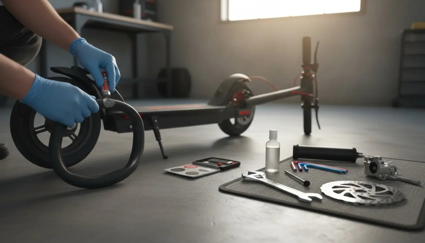 Nærbillede af lapning af baghjul på el-løbehjul og inspektion af bremsen med værktøj på garagegulvet.