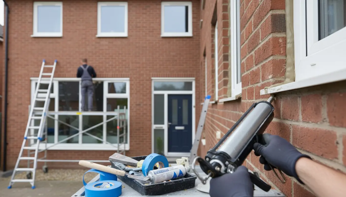 Udvendig fugning ved husfacade med fugepistol, stillads og tre vinduer plus stort vinduesparti på 1. sal.