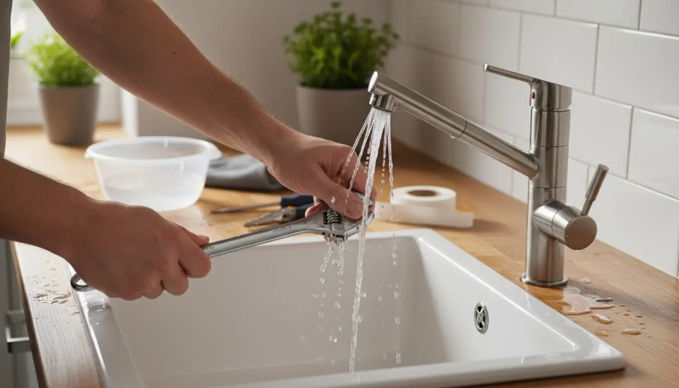 Nærbillede af en utæt køkkenvandhane med vanddråber, en skruenøgle og tætningsbånd ved vasken.