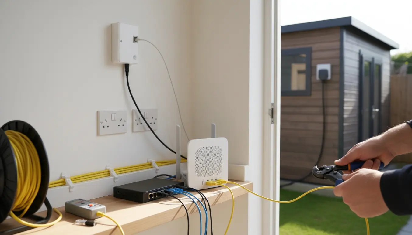 Nærbillede af router, ethernetkabler og en hånd, der trækker kabel mod et havekontor uden synligt ansigt.