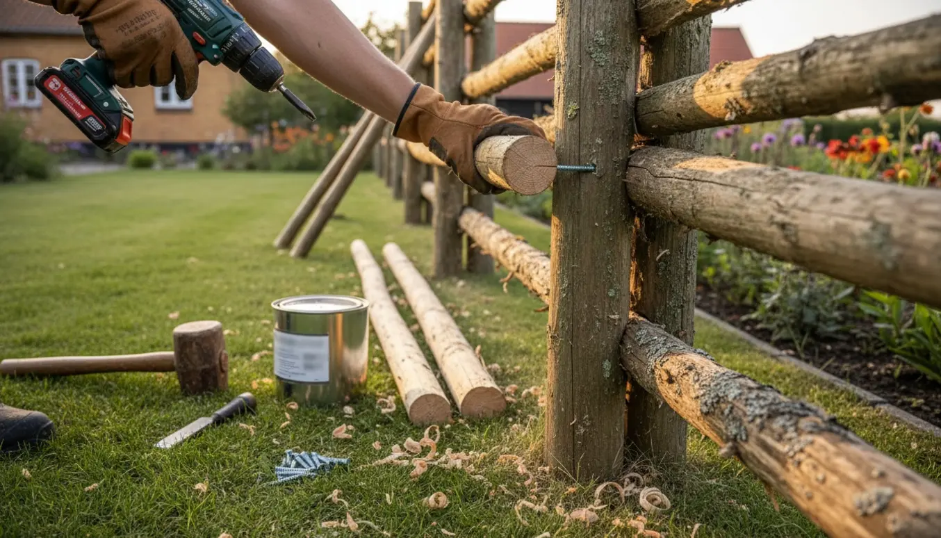 Nærbillede af reparation af et gammelt raftehegn med en ny rafte under montering og værktøj på græsset.