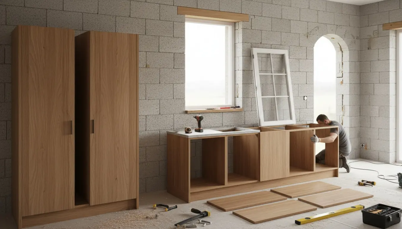 Indvendig renovering med udskiftning af facadedør og vindue i gasbetonhus og montage af køkkenskabe.