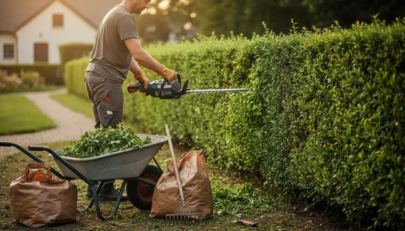 Hæk klippes kraftigt med trillebør og poser fyldt med afklip klar til bortskaffelse.