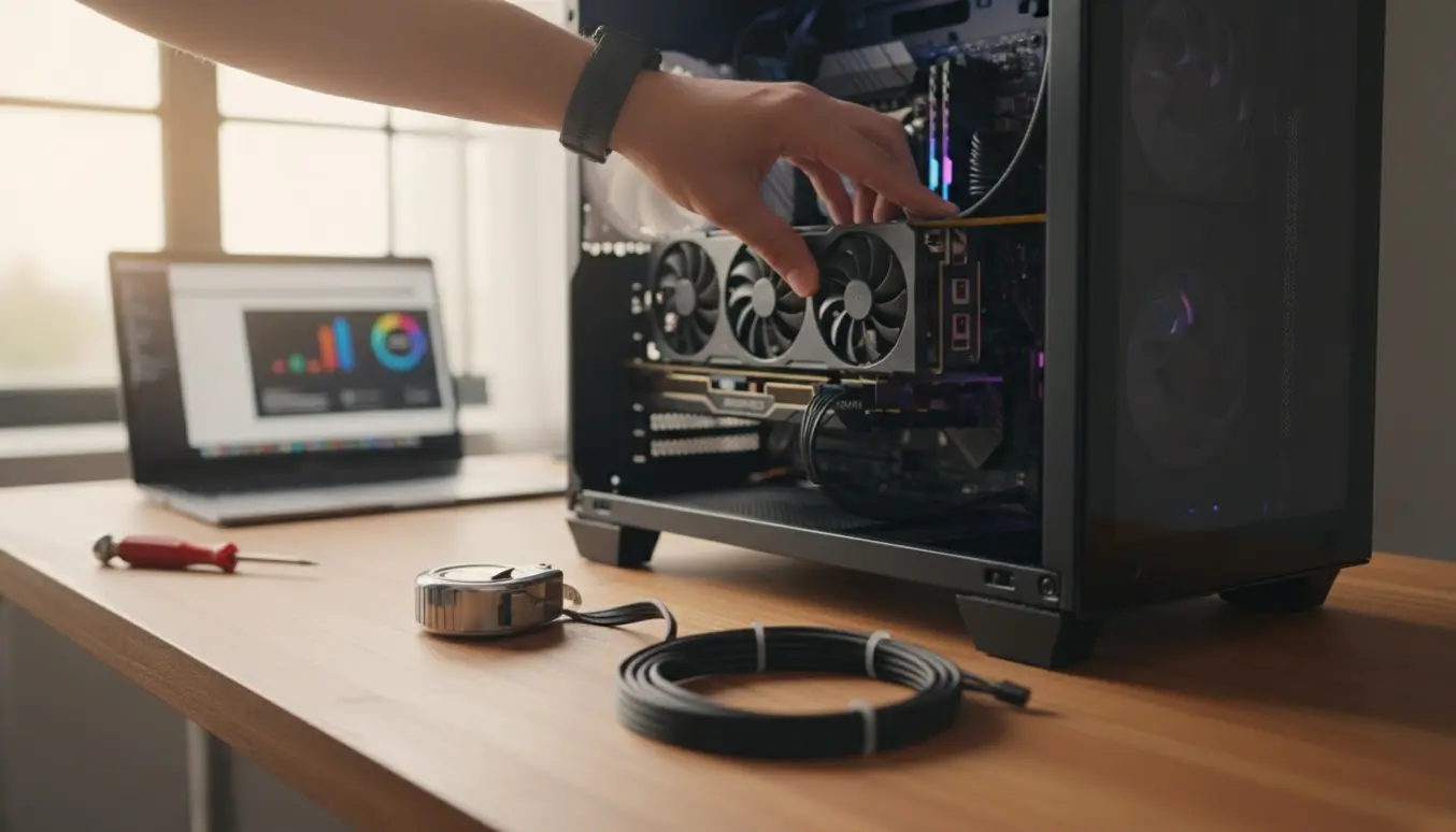 Åben gaming-pc på skrivebord, hænder installerer et grafikkort med værktøj og målebånd.