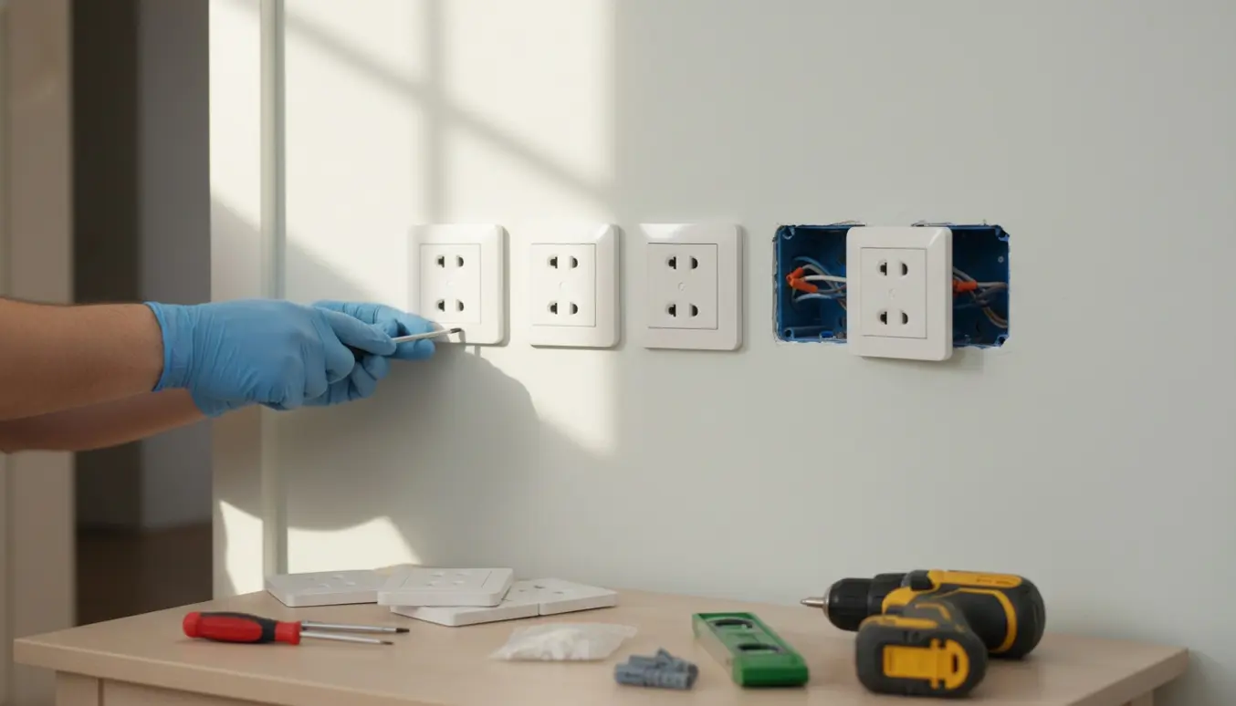 Nærbillede af hænder, der fastgør fire løse stikkontakter til en gipsvæg med skruetrækker.