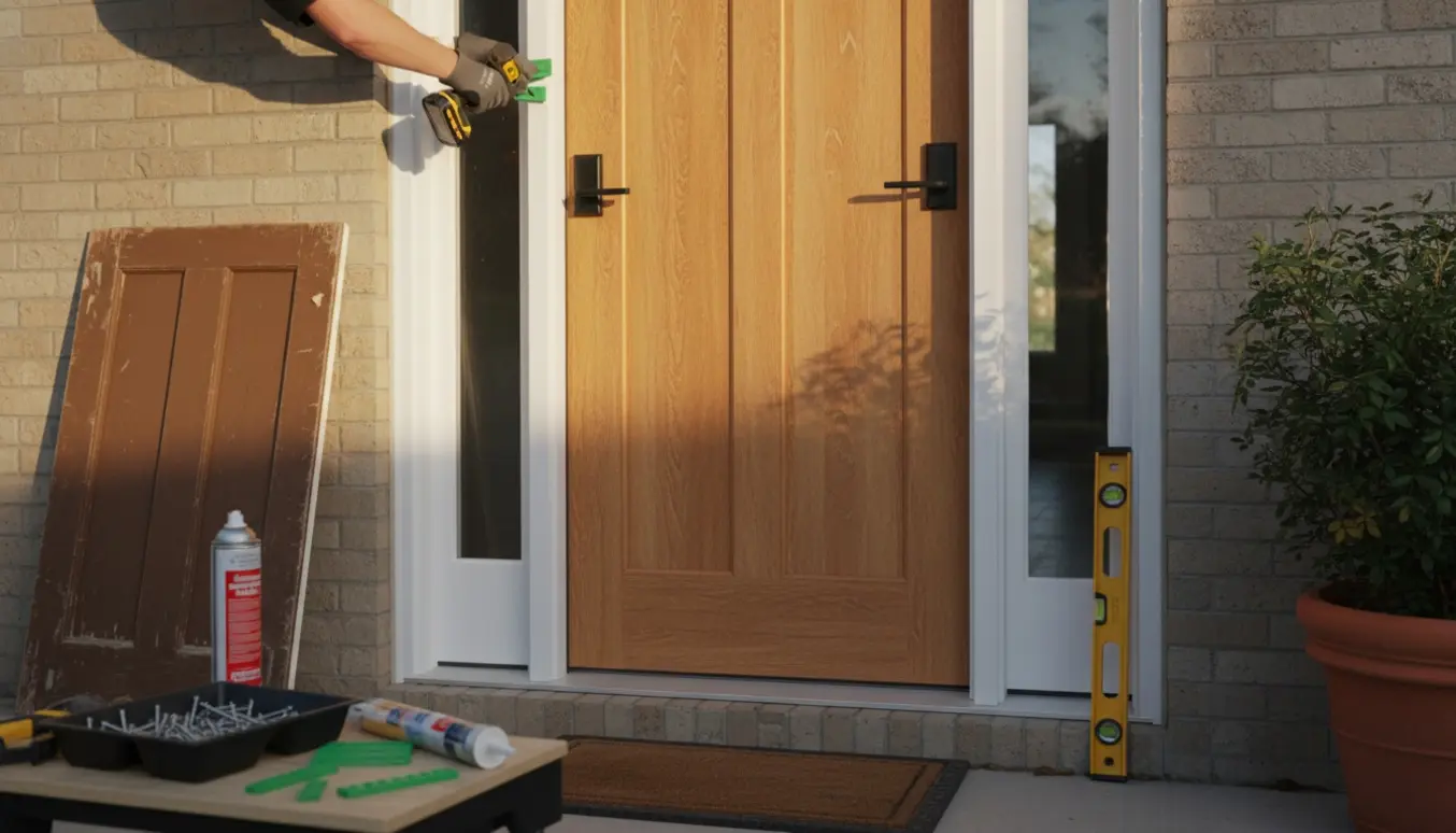 Ny hoveddør med sideparti installeres, håndværkeres hænder bruger boremaskine og vaterpas.