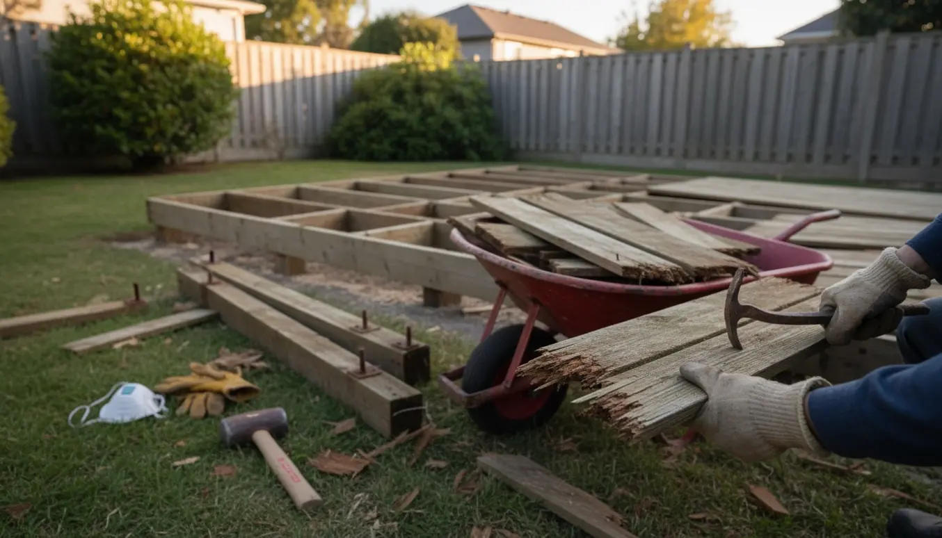 Stak af rådne planker fra en nedtaget træterrasse med værktøj og handsker i baghaven.