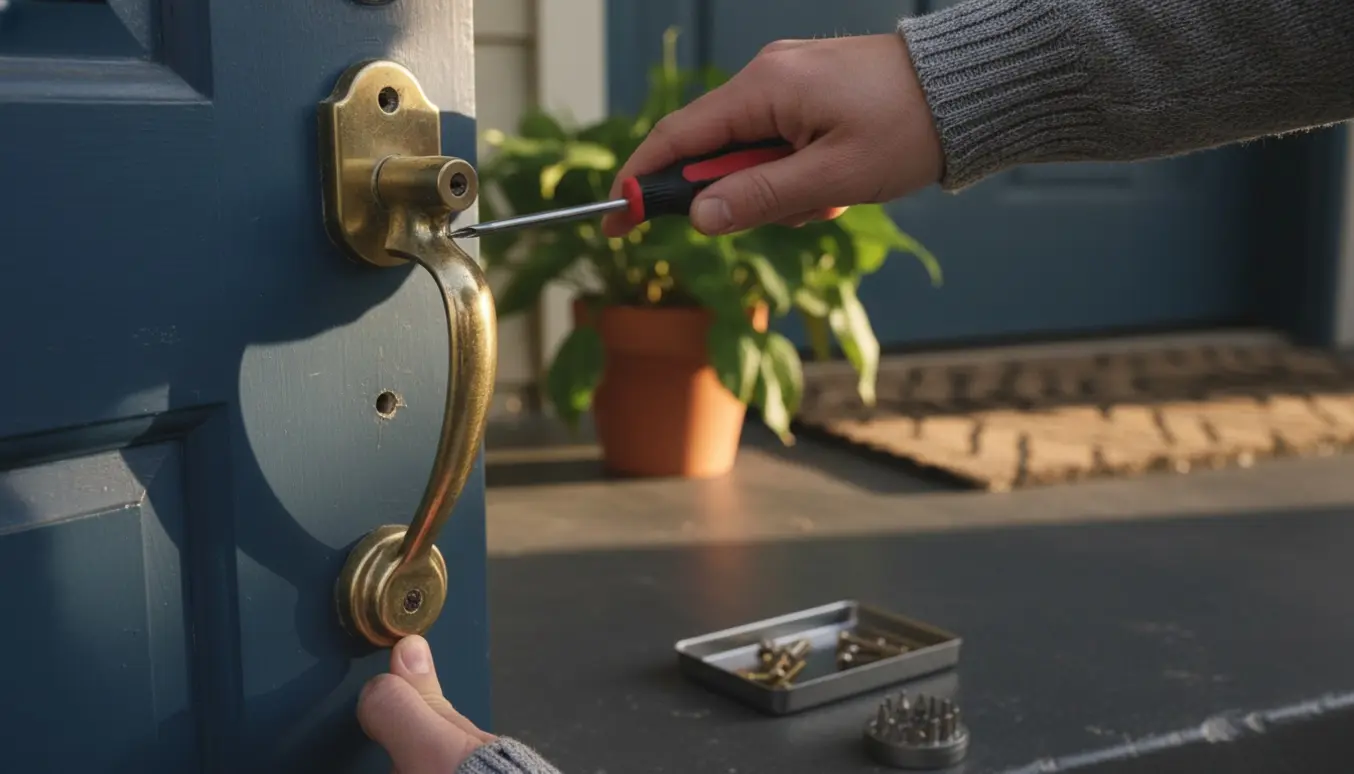En hånd spænder et løst dørhåndtag på hoveddøren med en skruetrækker og en bakke med ekstra skruer ved siden af.