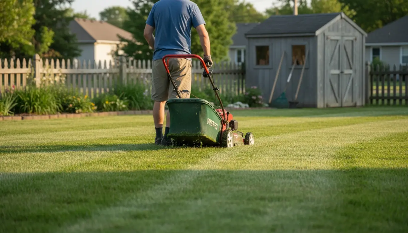En person slår græsset med en plæneklipper set bagfra og skaber pæne stribede mønstre på en stor, velplejet græsplæne.