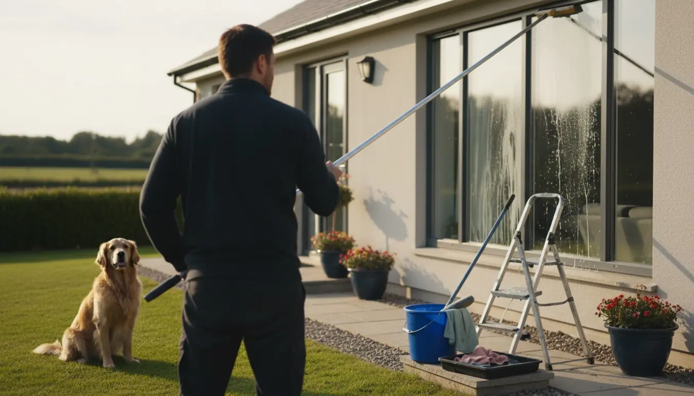 Vinduespudser bruger forlængerstang udendørs ved en enetages bolig, mens en hund ligger i haven.