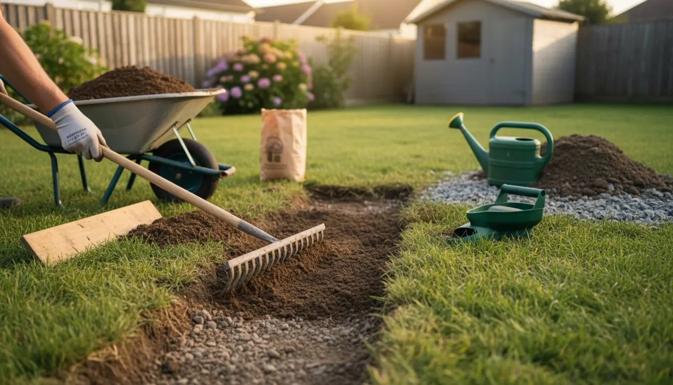 Hænder jævner jord og eftersår græs i haven efter en nedgravet ledning.