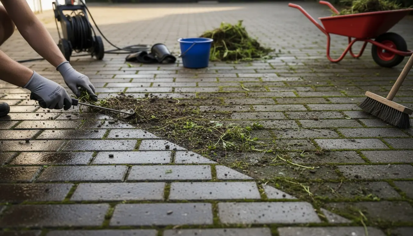 Gård med herregårdssten halvt renset og halvt overgroet med ukrudt, værktøj og højtryksrenser ved siden af.