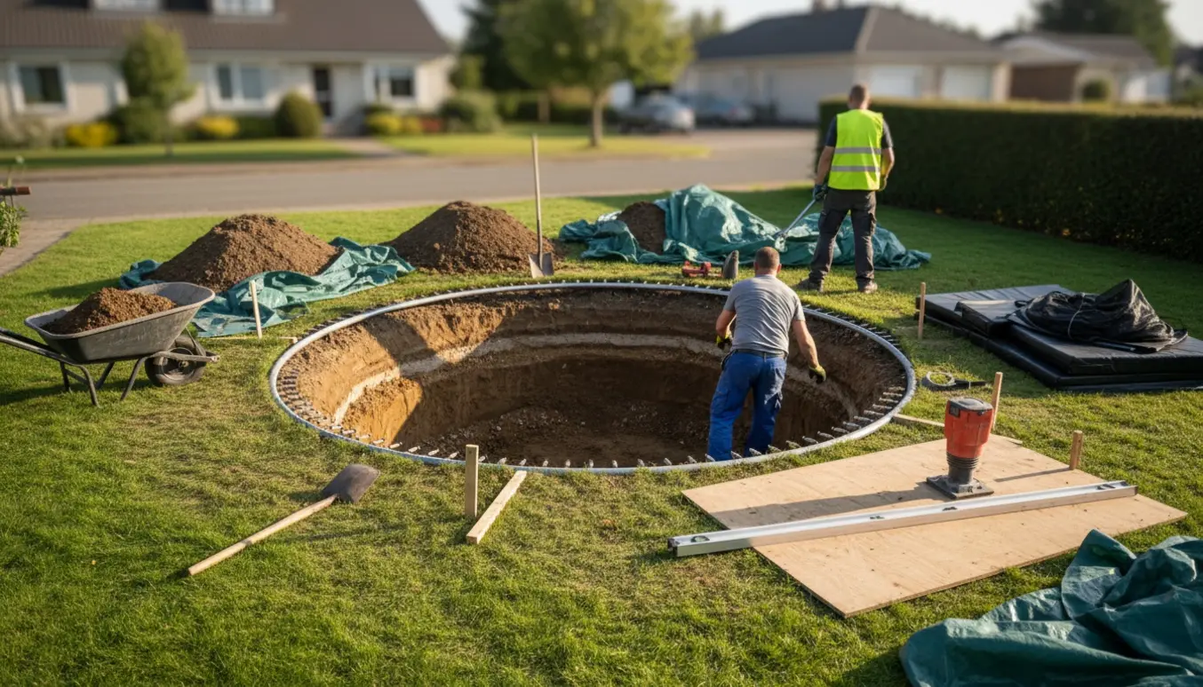 Gravning til en næsten 4 meter rund nedgravet trampolin i forhaven med jord stablet omkring hullet.