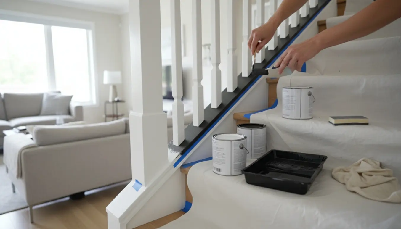 Nærbillede af malearbejde på trappens gelænder med hvide og sorte farver, værktøj og afdækning.