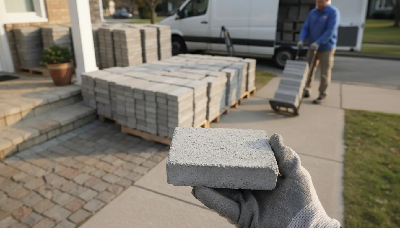 Stakke af overskudsfliser foran en hoveddør med en handskerklædt hånd, der holder en flise klar til afhentning.