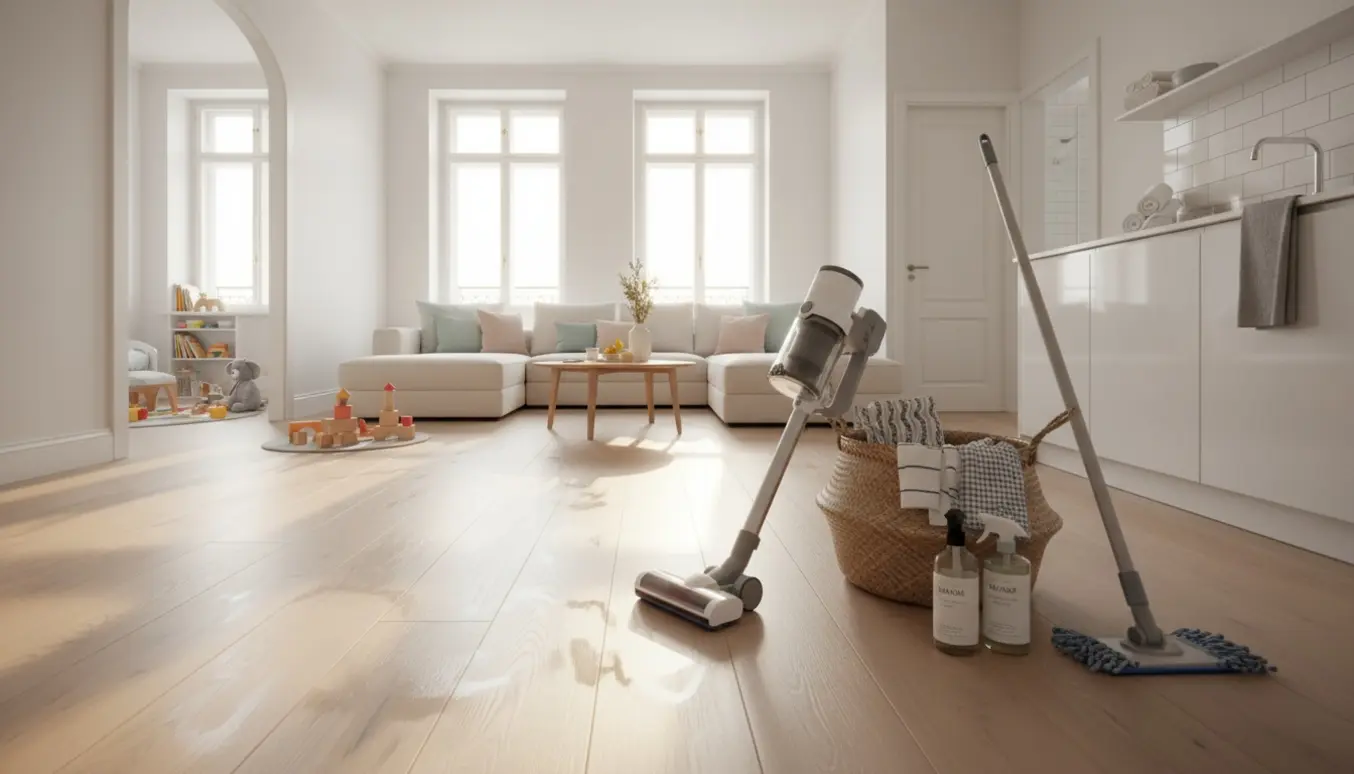 Lys, moderne lejlighed med rengøringsudstyr på nypudset gulv, hænder tørrer et bord og synlige stue, køkken og børneværelse i baggrunden.