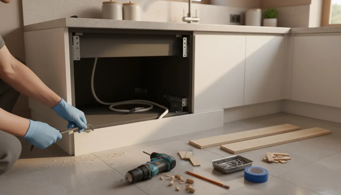 Nærbillede af hænder, der fjerner fodlisten under et køkkenbord for at skifte et integreret køleskab.