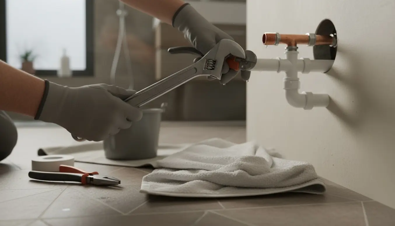 En blikkenslager afmonterer et væghængt bidet, kun hænder og værktøj synlige i et lyst badeværelse.