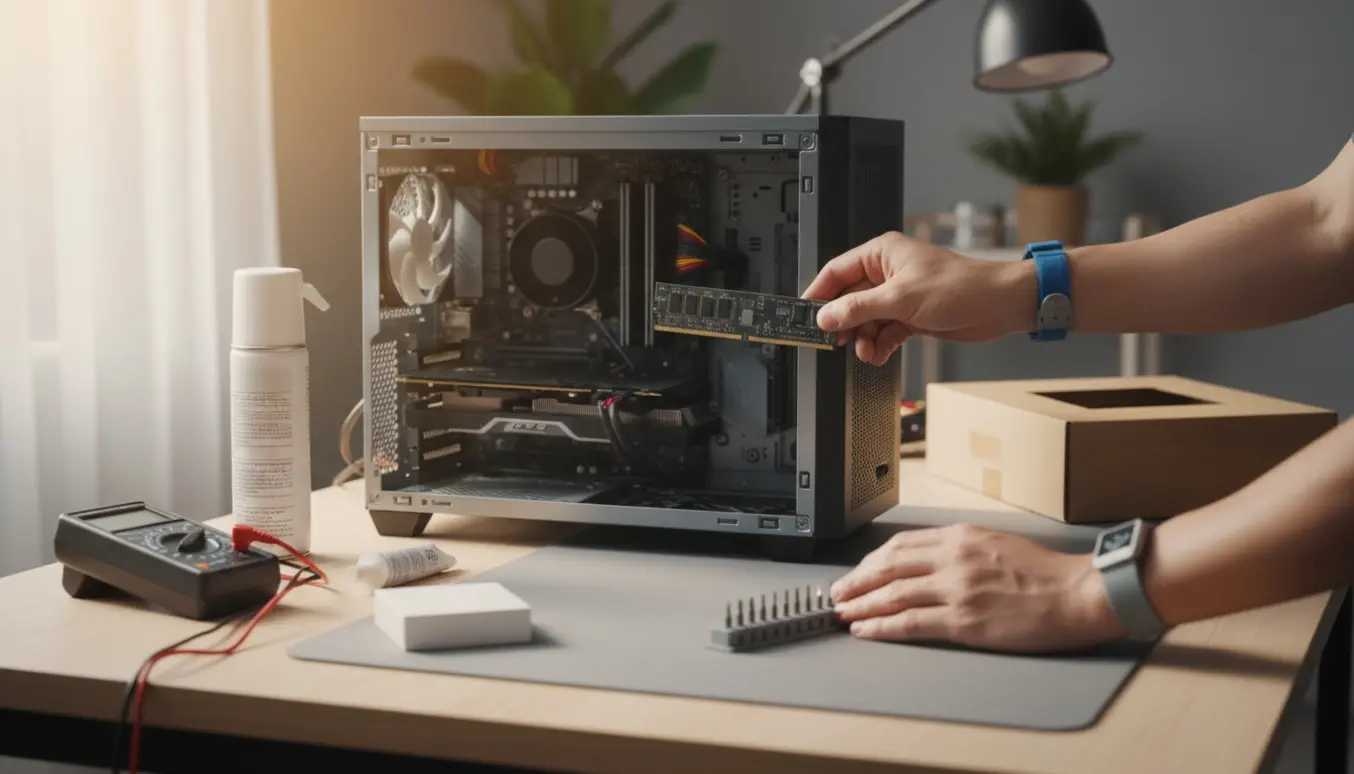 Hænder arbejder på en åben gamer-pc med værktøj og reservedele på et solbelyst skrivebord.