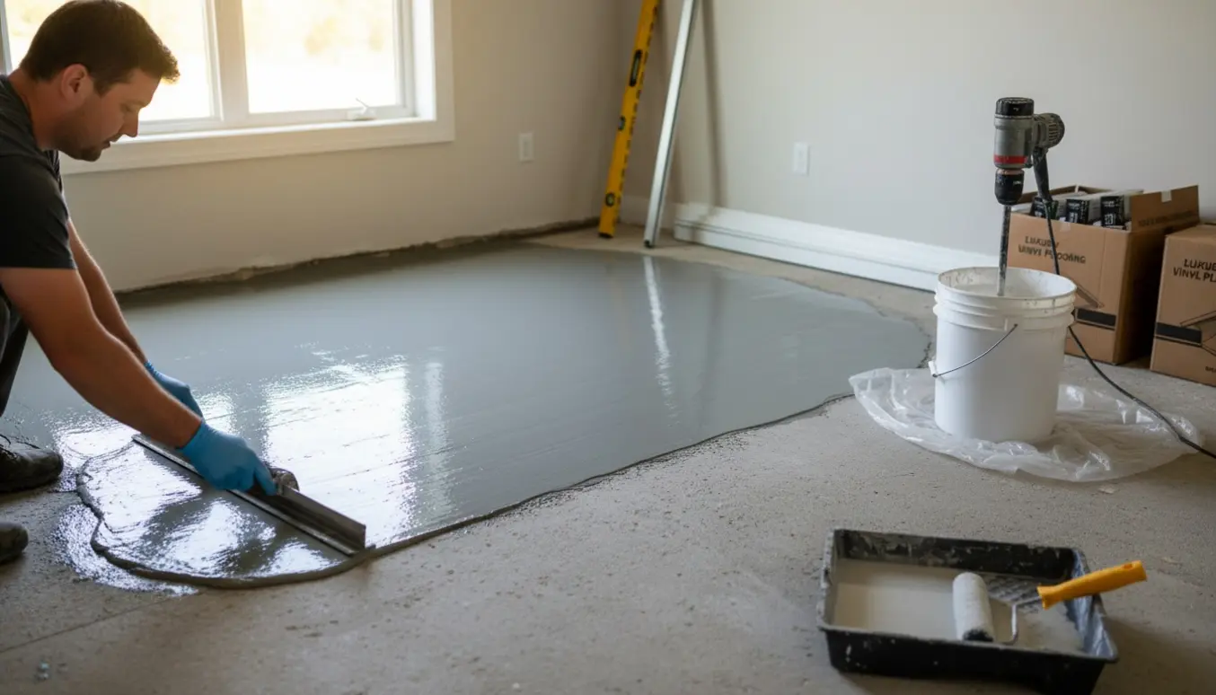 Gloved hænder glatter selvnivellerende masse på et betongulv ved en døråbning.