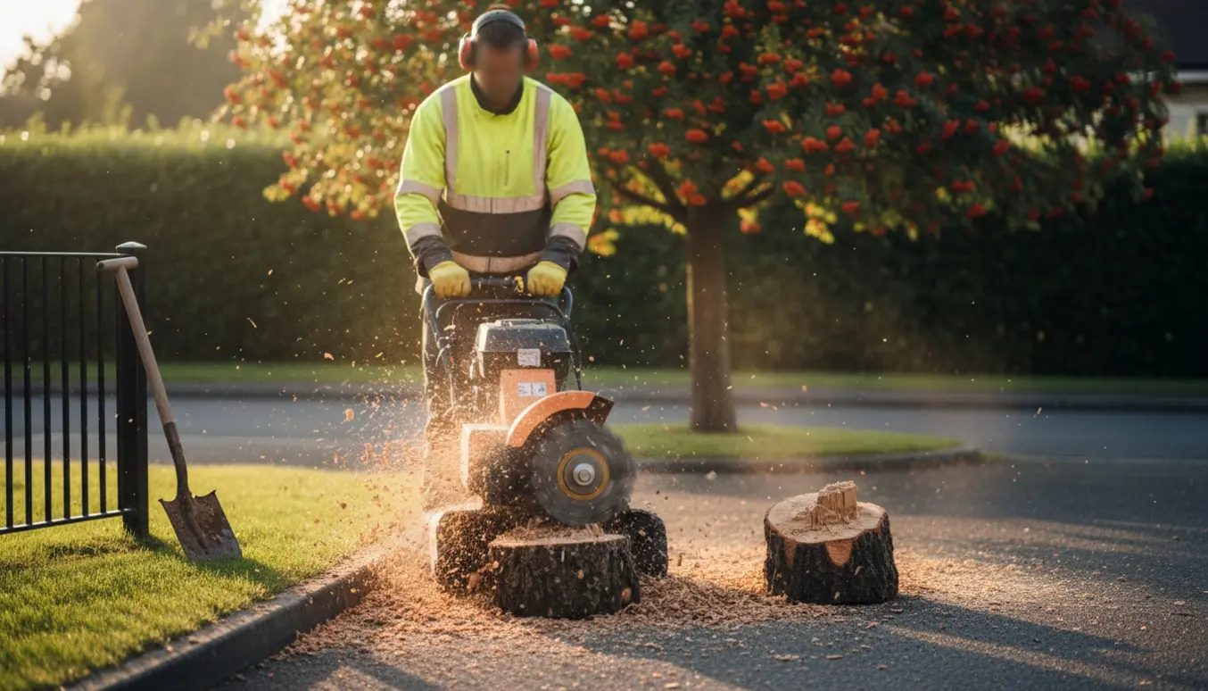 To små rønnebærstubbe fræses væk ved indkørslen med en stubfræser, mens træflis flyver op.