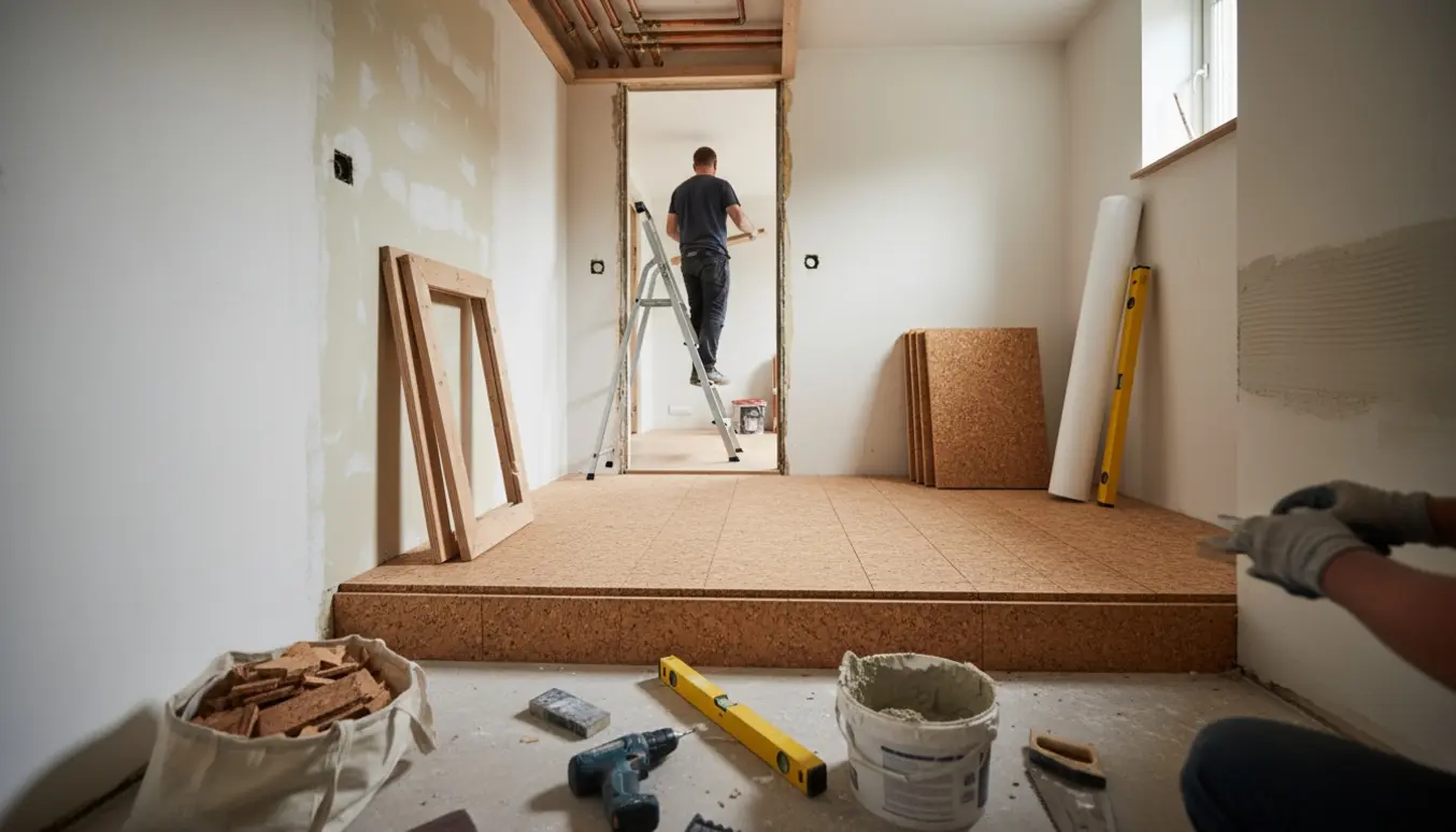 Bagtrapperum under renovering med hævet korkgulv, fjernet dørkarm og en trækasse omkring vandrør i loftet.