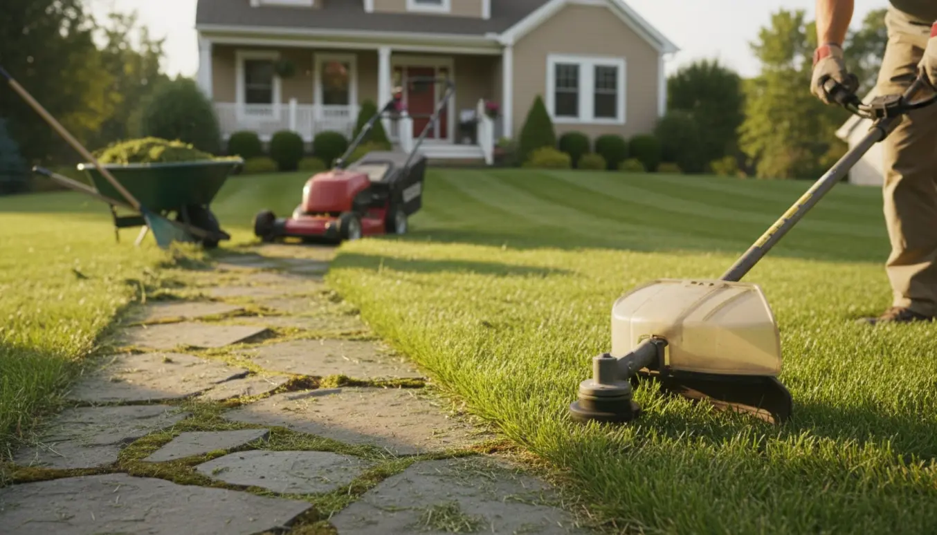 Kanttrimning og nyslået græs foran et parcelhus klar til salg.