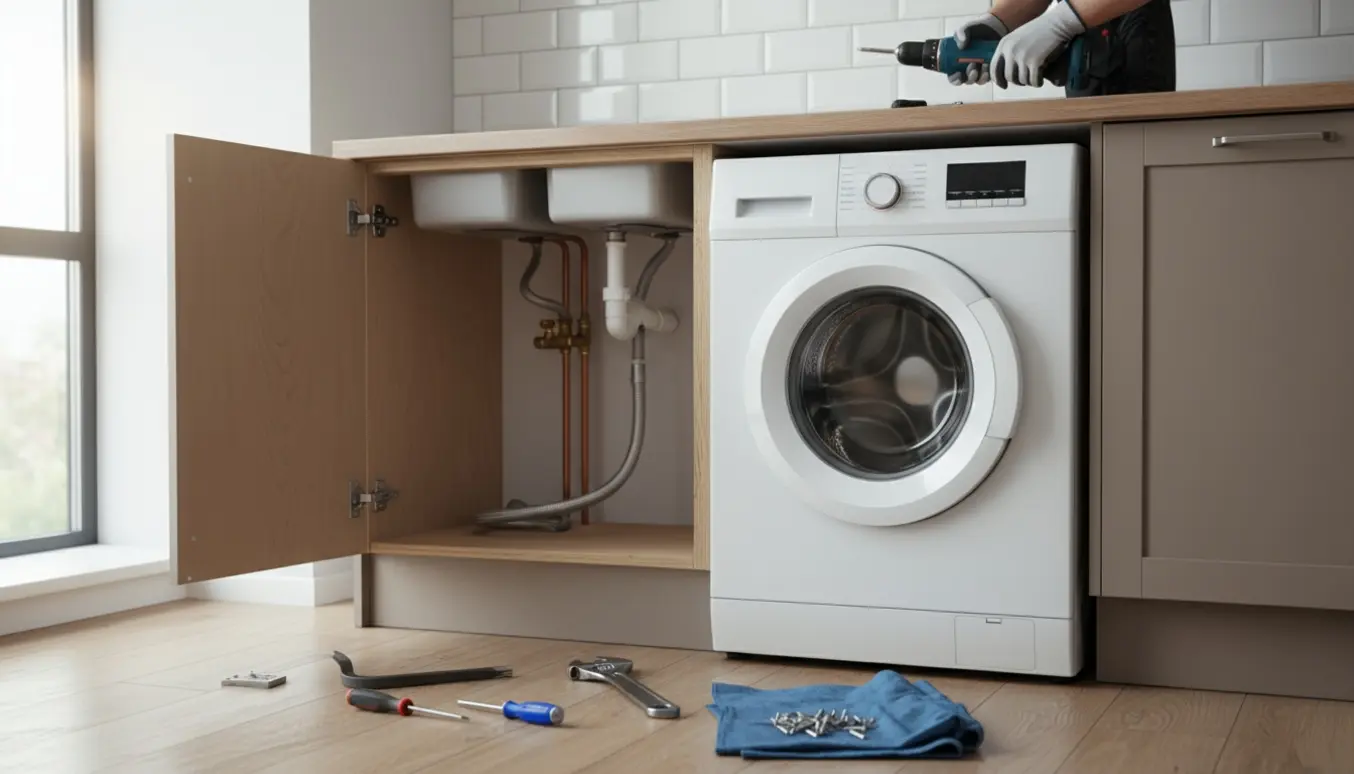 Fjernelse af et køkkenunderskab for at gøre plads til en vaskemaskine, med værktøj og eksponerede vandtilslutninger.