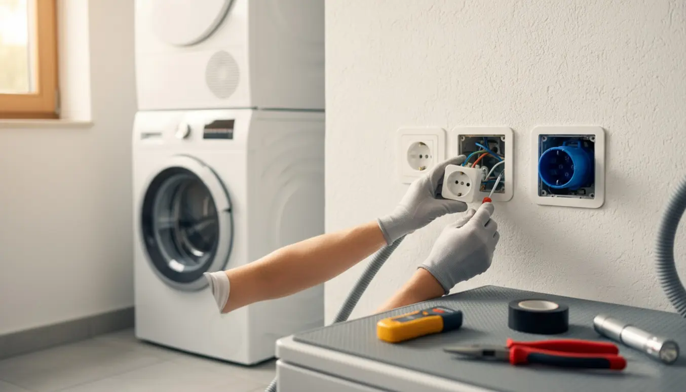 Hængende stikkontakter ved en vaskemaskine og tørretumbler, hånd med skruetrækker i forgrunden.