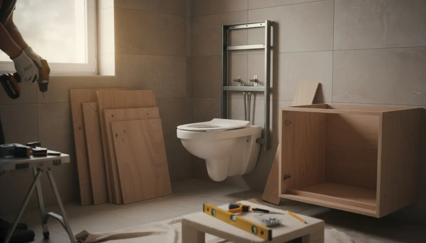 Væghængt toilet monteres i et hjørne med indbyggeskab under opbygning og værktøj ved siden af.