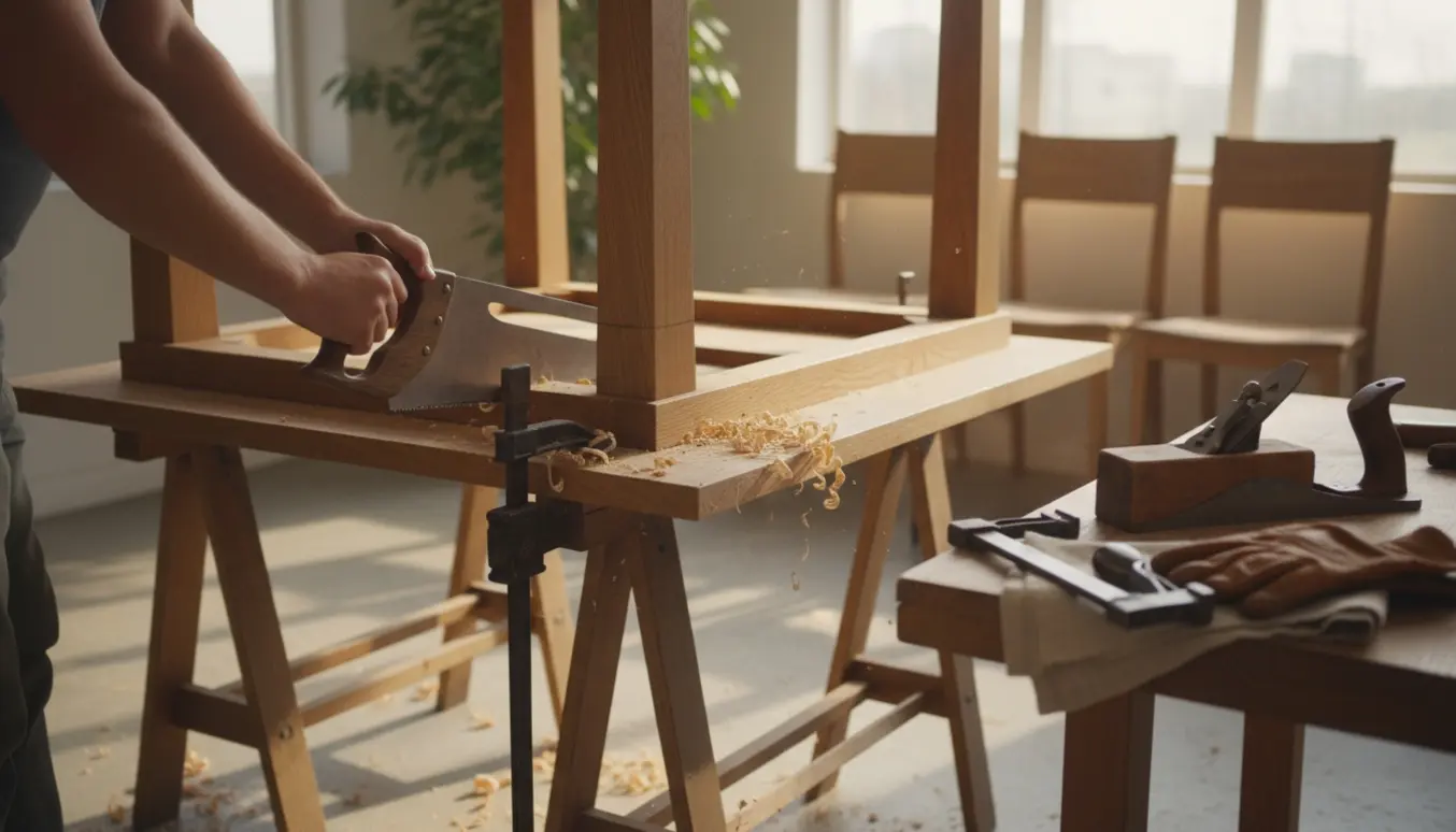 Afkortning af egetræsbordben i en soloplyst stue med værktøj og savstøv.