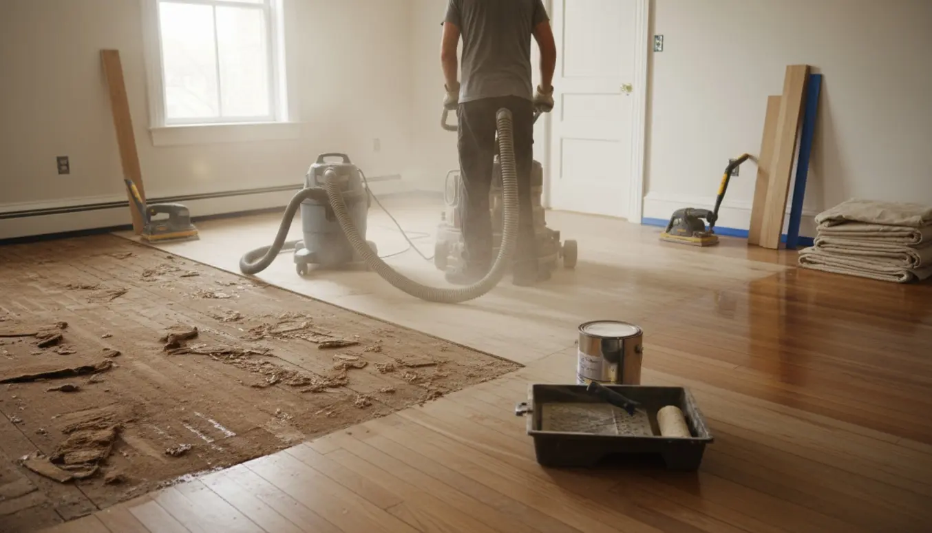 Delvist renoveret lejlighedsgulv med fjernet tæppe, gulvsliber og nylakeret trægulv i dagslys.