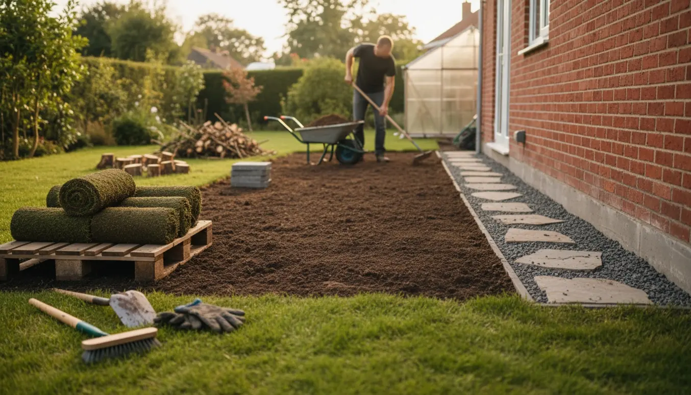 Del af have med fjernet hæk, planeret jord til græs og ny sti langs huset med værktøj og rullegræs.
