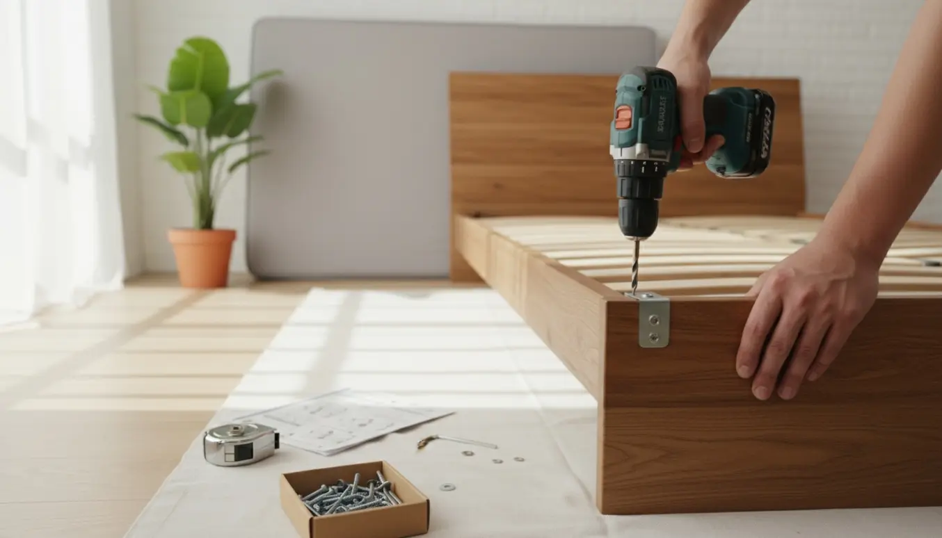 Nærbillede af hænder, der samler en træseng i et lyst soveværelse med værktøj fordelt omkring.