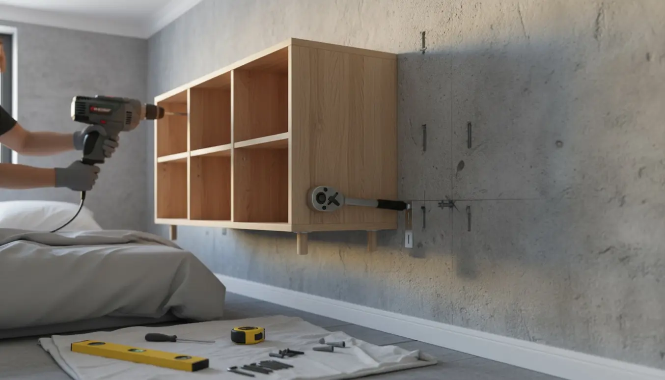 Vægskab fra IKEA monteres på en betonvæg over en seng med beslag, bor og værktøj synlige.