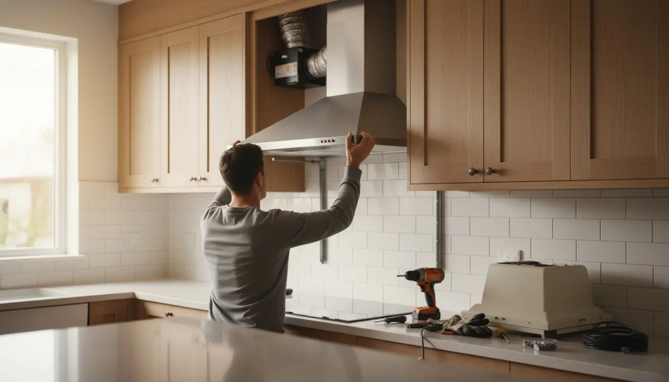 Udskiftning af vinklet emhætte i køkken med eksisterende aftræk og ekstern motor.