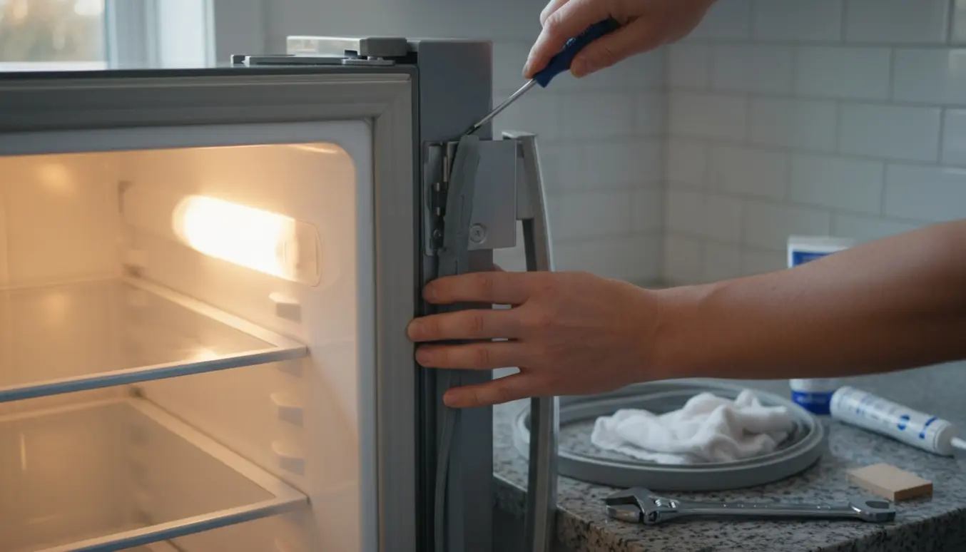 Hænder spænder et køleskabshængsel med en skruetrækker, mens døren står på klem i et lyst køkken.