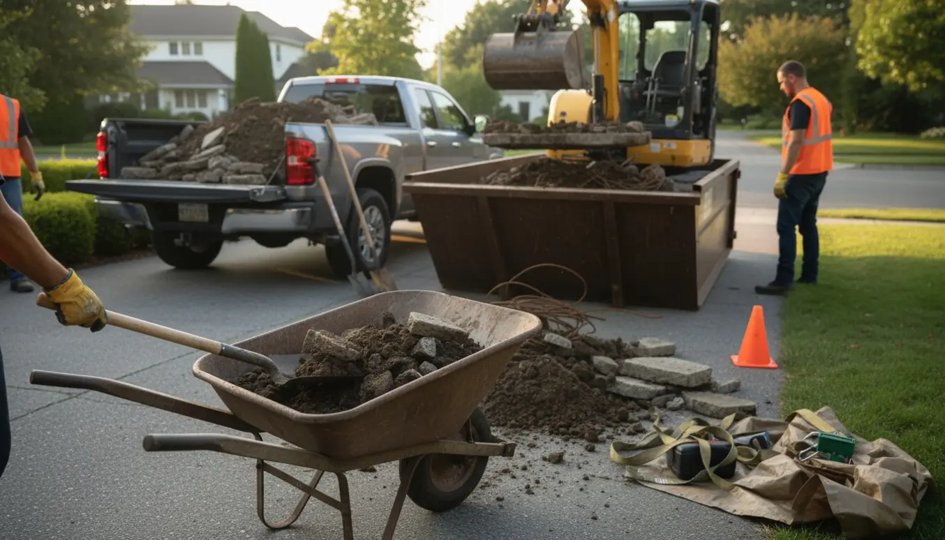 Lastning af jord, beton og byggeaffald i en lastbil og container med skovl og trillebør, uden tydelige ansigter.