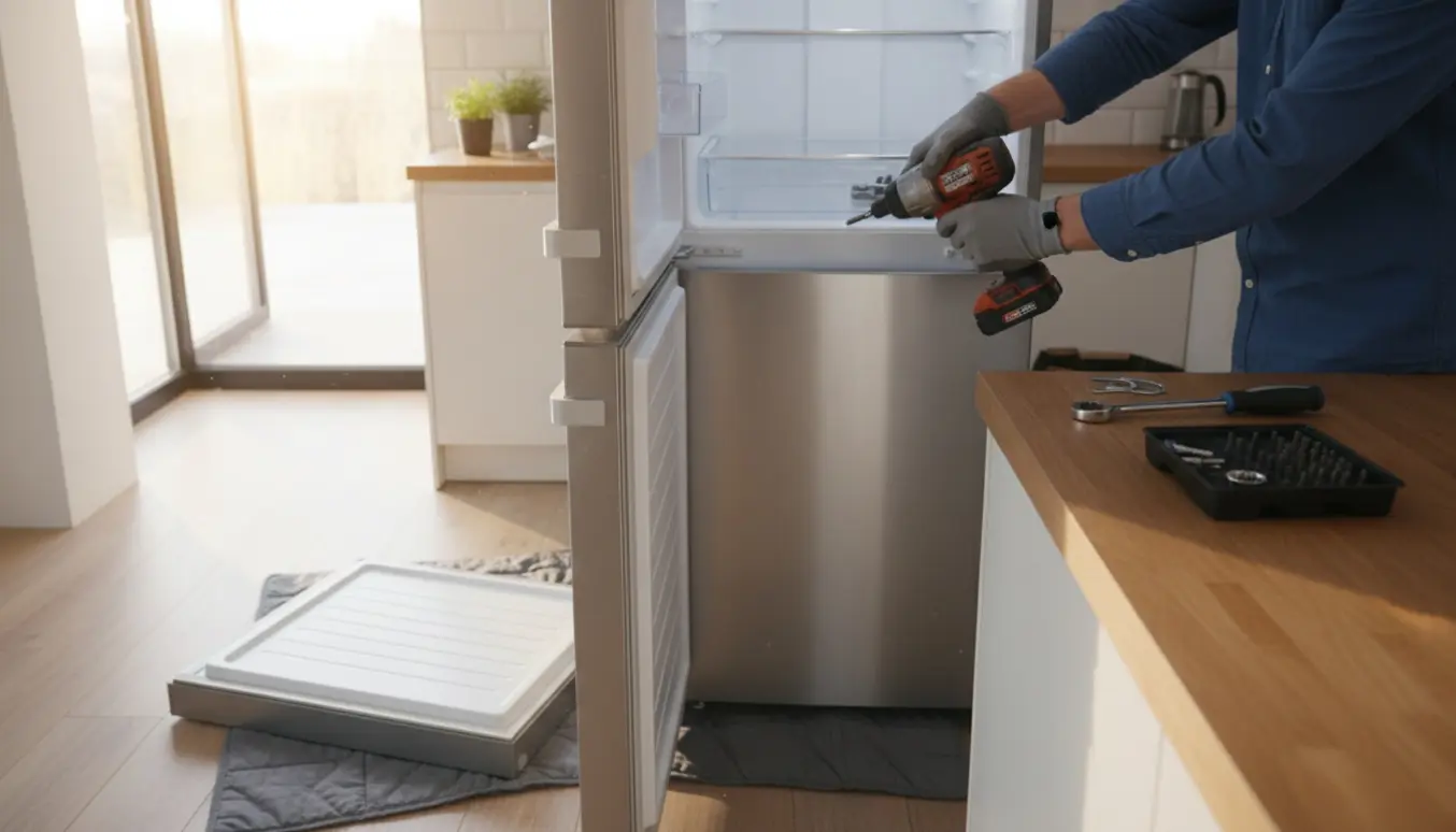 Nærbillede af hænder, der skifter hængsler på et rustfrit køleskab i et lyst køkken med værktøj på bordet.