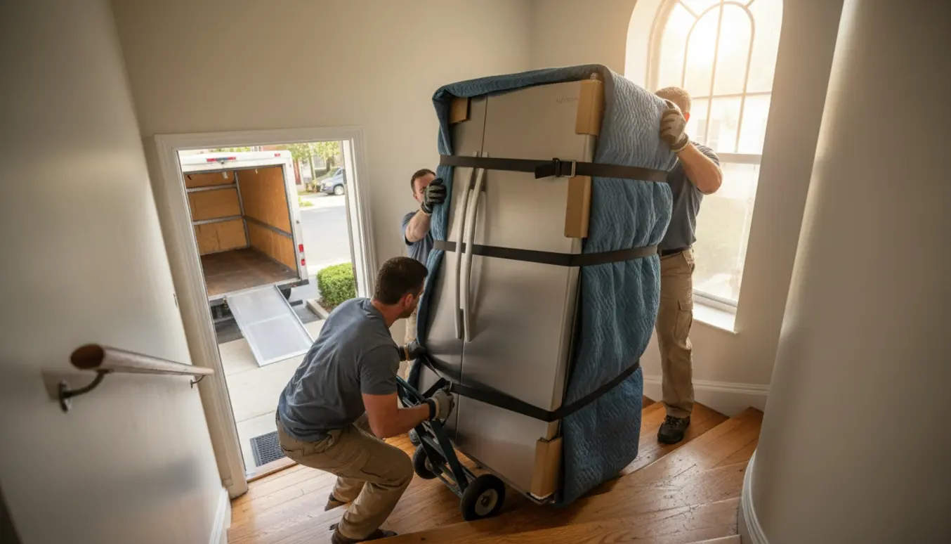 Flyttefolk bærer et stort amerikansk køleskab op ad en trappe til en lejlighed på tredje sal.