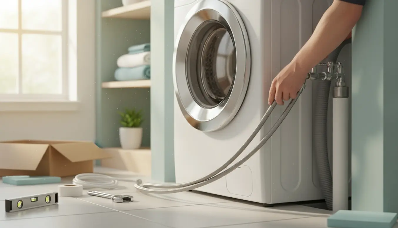 Nærbillede af installation af ny vaskemaskine med hænder, der tilslutter vand- og afløbsslanger i et lyst bryggers.