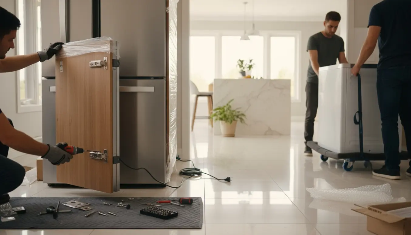 Nyt rustfrit køleskab monteres i køkkenet, håndværkerhænder justerer en gammel skabslåge med værktøj, mens det gamle køleskab flyttes ud.
