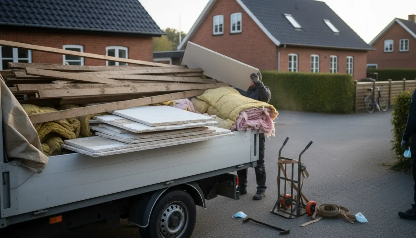 Renoveringsaffald med lægter, gipsplader og isolering læsses i en åben varebil i en dansk forstad.